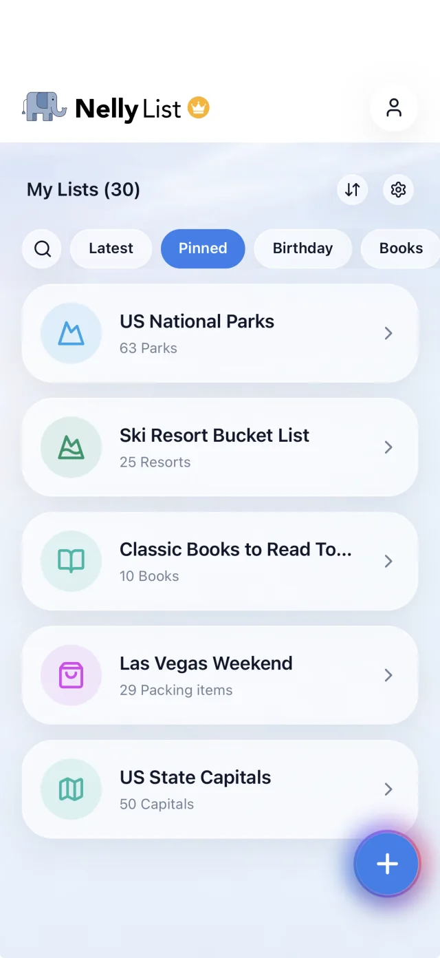 The NellyList home screen — My Lists with label filters, US National Parks pinned first above ski resorts, books and a packing list