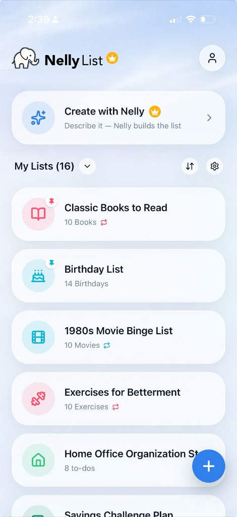 NellyList home screen with Create with Nelly and My Lists